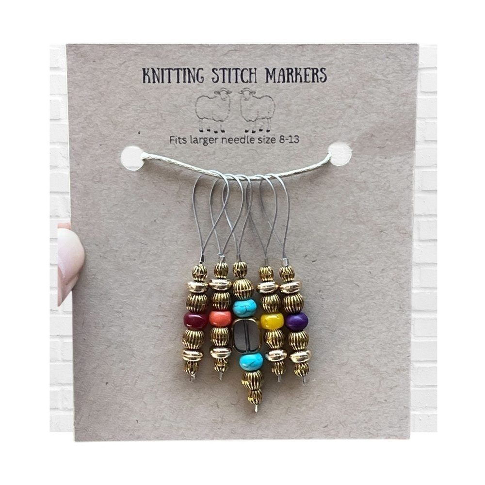 Handmade Knitting Stitch Markers Colorful Beaded Set of 5 Gold Multicolor Large